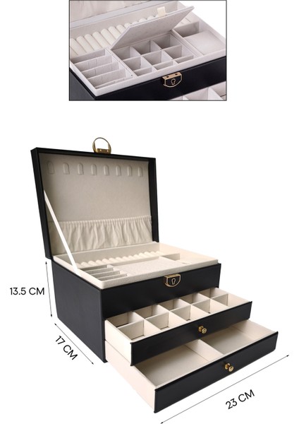 Modern 2 Çekmeceli Takı Mücevher Kutusu Organizer Düzenleyici Siyah 13 X 23 X 10 Cm