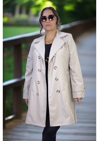 Ahşap Düğme Detaylı Kuşaklı Kruvaze Kapama Ara Boy Büyük Beden Kadın Trençkot fiyatları