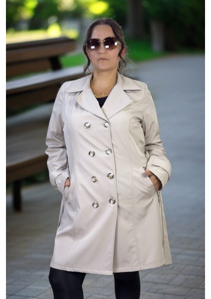 Ahşap Düğme Detaylı Kuşaklı Kruvaze Kapama Ara Boy Büyük Beden Kadın Trençkot indirimleri