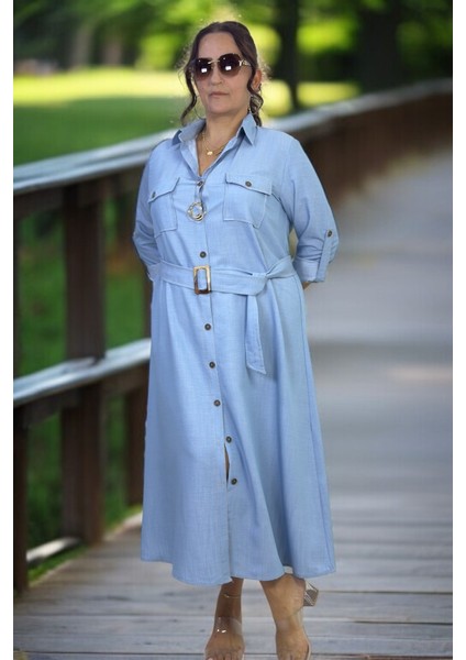 Boydan Düğmeli Kuşaklı Çift Göğüs Cepli Katlamalı Kol Detaylı Tnsel Kumaş Büyük Beden Elbise