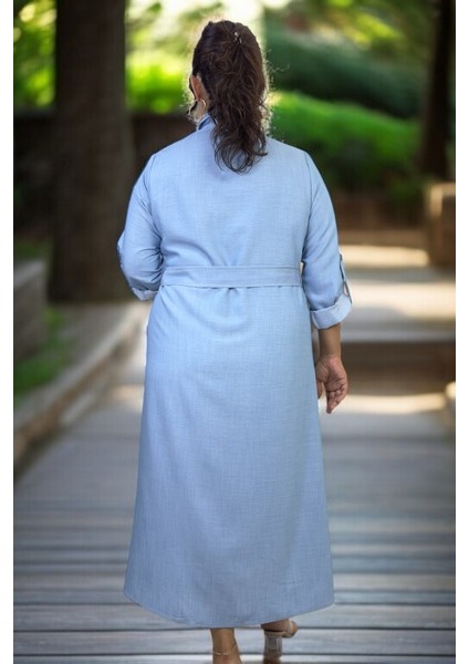 Boydan Düğmeli Kuşaklı Çift Göğüs Cepli Katlamalı Kol Detaylı Tnsel Kumaş Büyük Beden Elbise fiyatları