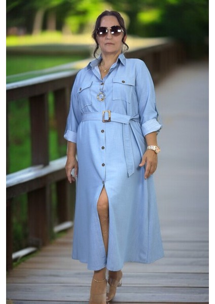 Boydan Düğmeli Kuşaklı Çift Göğüs Cepli Katlamalı Kol Detaylı Tnsel Kumaş Büyük Beden Elbise modelleri