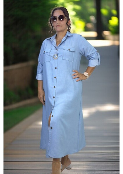 Boydan Düğmeli Kuşaklı Çift Göğüs Cepli Katlamalı Kol Detaylı Tnsel Kumaş Büyük Beden Elbise fırsatları