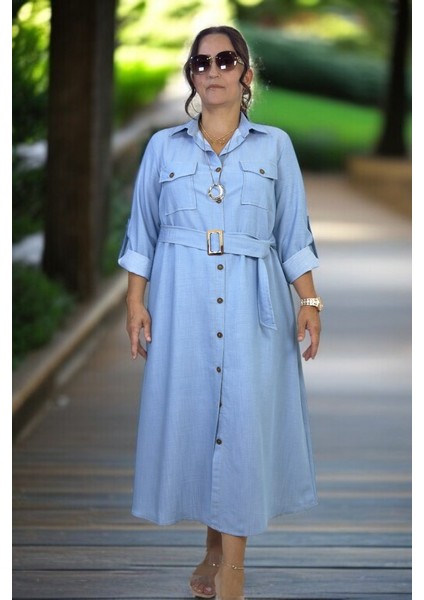 Boydan Düğmeli Kuşaklı Çift Göğüs Cepli Katlamalı Kol Detaylı Tnsel Kumaş Büyük Beden Elbise indirimleri