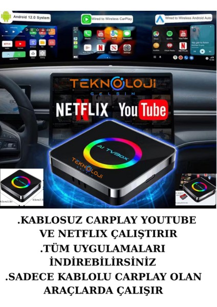 Araç Carplay Yeni Nesil Son Sürüm Ai Box Uyumlu Netflix Youtube Çalıştırır modelleri