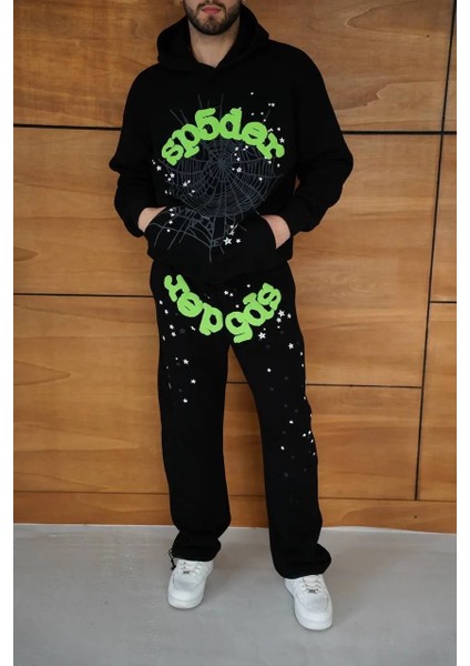 Erkek Kapüşonlu Eşofman Takım Örümcek Ağı ve Neon Yeşil Baskılı Kanguru Cepli Oversize Rahat Kalıp, Premium Üç Iplik Kumaş - Siyah