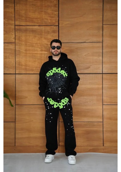 Erkek Kapüşonlu Eşofman Takım Örümcek Ağı ve Neon Yeşil Baskılı Kanguru Cepli Oversize Rahat Kalıp, Premium Üç Iplik Kumaş - Siyah indirimleri