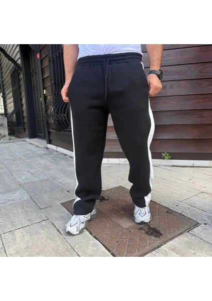 Erkek Üç Iplik Kışlık Pamuklu Yandan Garneli Kalın Şeritli Cepli Eşofman Altı - Siyah fırsatları