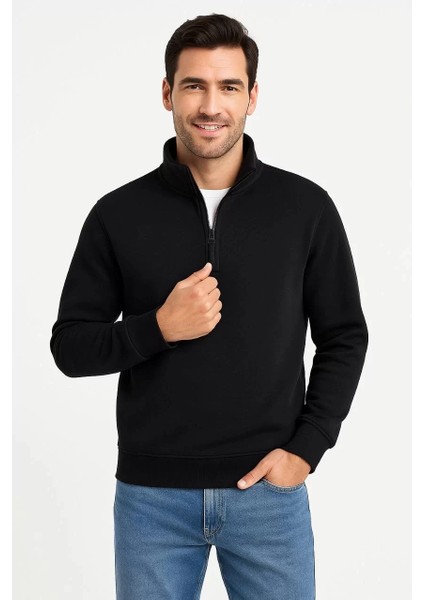 Erkek Dik Yaka Sweatshirt Dik Yaka Yarım Fermuarlı 3 Iplik Şardonlu Pamuk Kumaş - Siyah indirimleri