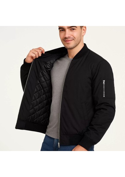Erkek Bomber Mont Ceket – Fermuarlı, Kapitone Içi Astarlı, Su Itici Kumaş, Regular Fit, Uzun Kollu, Yandan Cepli, Bahar & Kış Rahat Günlük Stil - Siyah fırsatları