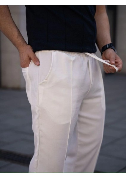 Erkek Keten Cepli Çıma Dikişli Jogger Buggy Pantalon Rahat Kalıp - Beyaz fiyatları