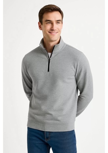 Erkek Dik Yaka Sweatshirt Dik Yaka Yarım Fermuarlı 3 Iplik Şardonlu Pamuk Kumaş - Gri