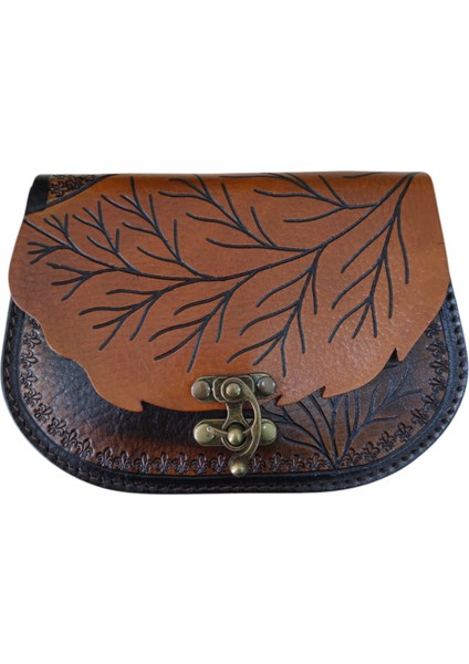 El Yapımı Hakiki Deri Yaprak Kapaklı Kadın Çapraz Çanta - El Kabartma Doğa Temalı Bohem Tarz Omuz Çantası