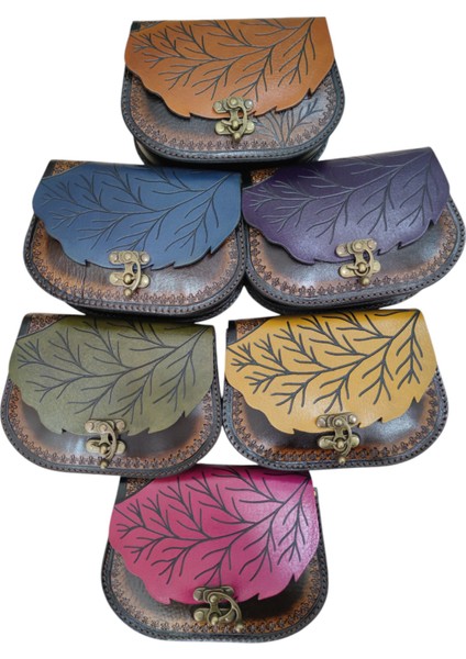 El Yapımı Hakiki Deri Yaprak Kapaklı Kadın Çapraz Çanta - El Kabartma Doğa Temalı Bohem Tarz Omuz Çantası fırsatları