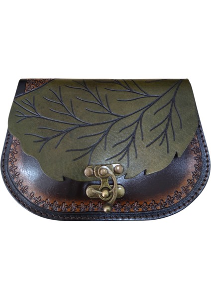 El Yapımı Hakiki Deri Yaprak Kapaklı Kadın Çapraz Çanta - El Kabartma Doğa Temalı Bohem Tarz Omuz Çantası