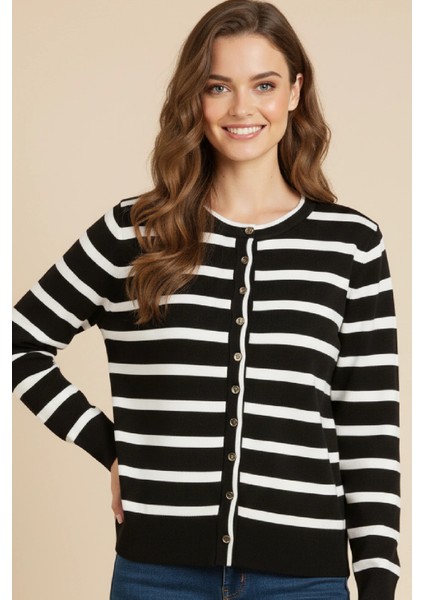 Basic Düğmeli Çizgili Uzun Kollu Ince Triko