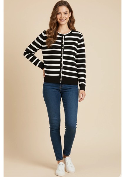 Basic Düğmeli Çizgili Uzun Kollu Ince Triko indirimleri