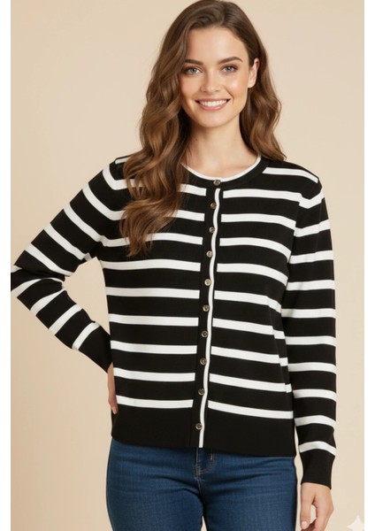 Basic Düğmeli Çizgili Uzun Kollu Ince Triko