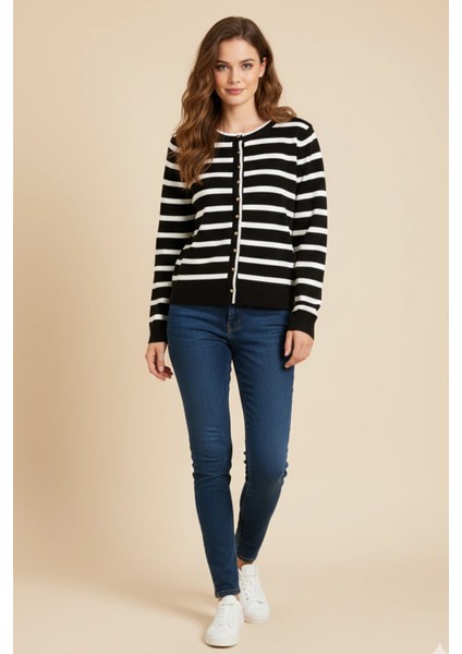 Basic Düğmeli Çizgili Uzun Kollu Ince Triko