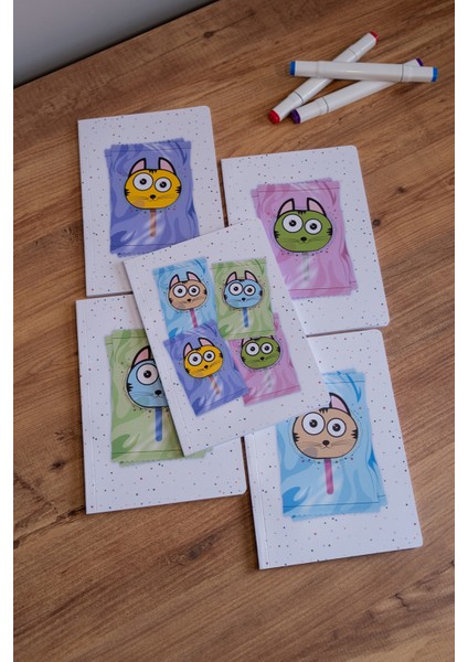 Dondurma Kediler 5'li Defter Seti - Çizgisiz - Her Biri 56 Sayfa - 14X20CM - Iplik Dikişli Cilt