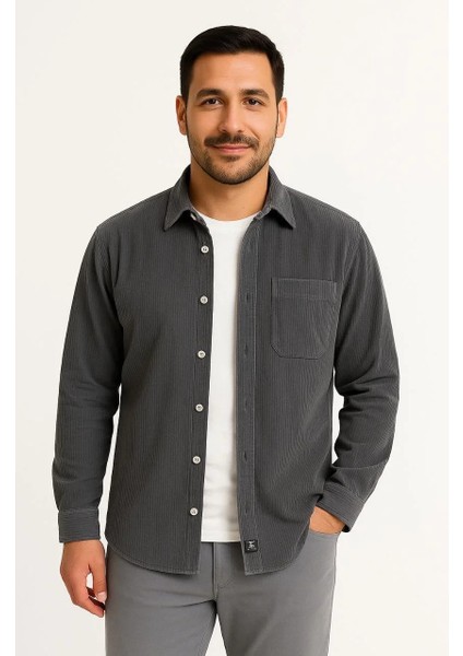 Erkek Fitilli Kadife Cepli Gömlek Oversize Rahat Kalıp - Füme modelleri
