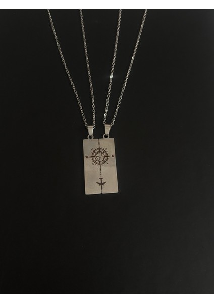 Paslanmaz Çelik Pusula Çift Kolyesi Sevgili