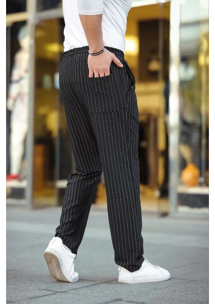 Erkek Cizgili Dokuma Krep Jogger Buggy Pantalon Rahat Kalıp - Siyah fiyatları