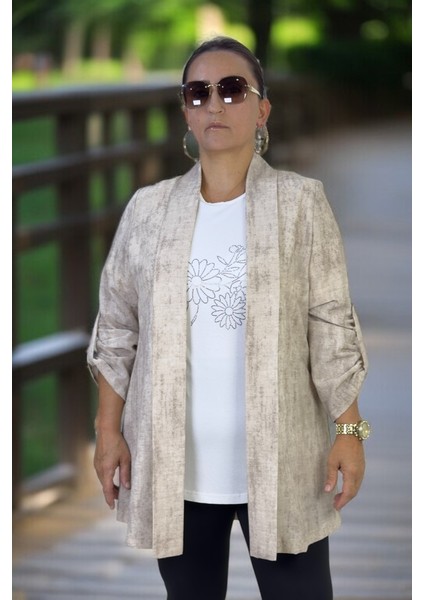 Kısa Kol Taşlı Bisiklet Yaka Bluz Katlanabilir Kol Şal Yaka Organik Keten Kumaş Ceket Ikili Takım