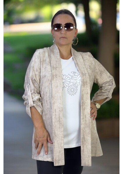 Kısa Kol Taşlı Bisiklet Yaka Bluz Katlanabilir Kol Şal Yaka Organik Keten Kumaş Ceket Ikili Takım fiyatları