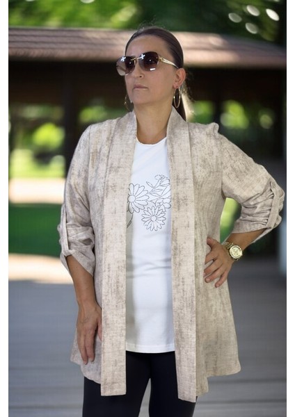 Kısa Kol Taşlı Bisiklet Yaka Bluz Katlanabilir Kol Şal Yaka Organik Keten Kumaş Ceket Ikili Takım modelleri