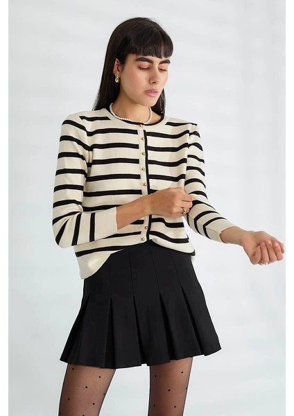 Basic Düğmeli Çizgili Uzun Kollu Ince Triko