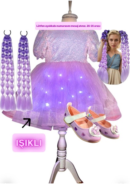 Payetli Mor Işıklı Elbise Kostüm + Mor Bubble Saç + Mor Babet Seti Kuromi Prenses Düğün Parti