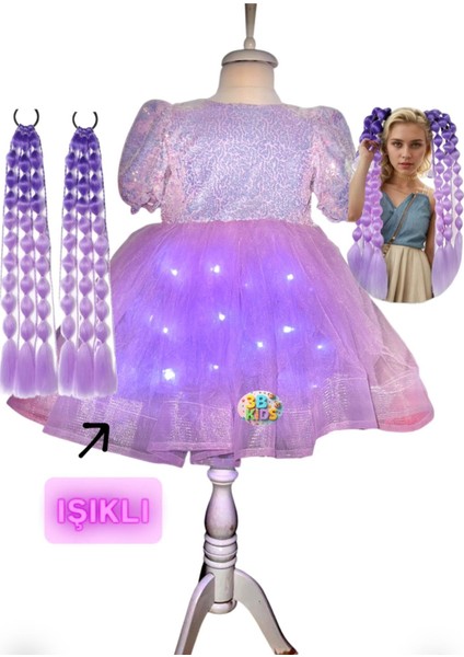 Payetli Mor Işıklı Elbise Kostüm + Mor Bubble Saç + Mor Babet Seti Kuromi Prenses Düğün Parti fiyatları