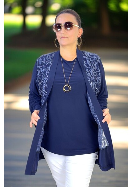 Ön Kısmı Şeffaf Tül Üzerine Pul Payet Işleme Buzzy Kumaş Şal Yaka Ceket Kısa Kol Tşört Ikili Takım