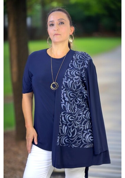 Ön Kısmı Şeffaf Tül Üzerine Pul Payet Işleme Buzzy Kumaş Şal Yaka Ceket Kısa Kol Tşört Ikili Takım modelleri