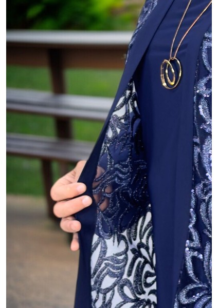 Ön Kısmı Şeffaf Tül Üzerine Pul Payet Işleme Buzzy Kumaş Şal Yaka Ceket Kısa Kol Tşört Ikili Takım fırsatları