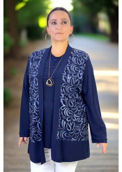 Ön Kısmı Şeffaf Tül Üzerine Pul Payet Işleme Buzzy Kumaş Şal Yaka Ceket Kısa Kol Tşört Ikili Takım indirimleri