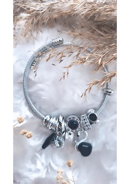 Siyah Kuğulu Charm Çelik Bileklik