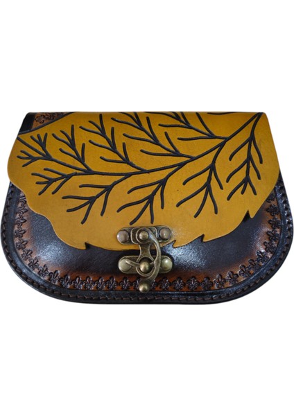 El Yapımı Hakiki Deri Yaprak Kapaklı Kadın Çapraz Çanta - El Kabartma Doğa Temalı Bohem Tarz Omuz Çantası