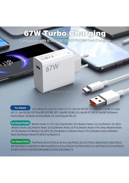 Red Mi Note 14/14PRO Için 67W Turbo Type-C Akım Korumalı Hassas Şarj Aleti Seti Saniye Sayaçlı Süper Charger modelleri