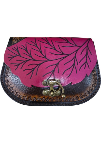 El Yapımı Hakiki Deri Yaprak Kapaklı Kadın Çapraz Çanta - El Kabartma Doğa Temalı Bohem Tarz Omuz Çantası