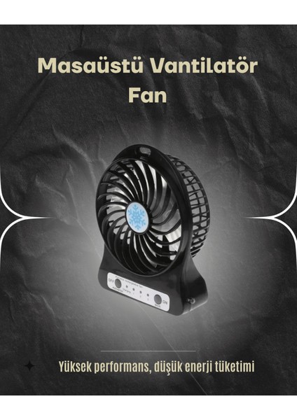 Şarjlı USB Fan – Masaüstü Mini Vantilatör, Taşınabilir, Işıklı, 3 Kademeli, Sessiz
