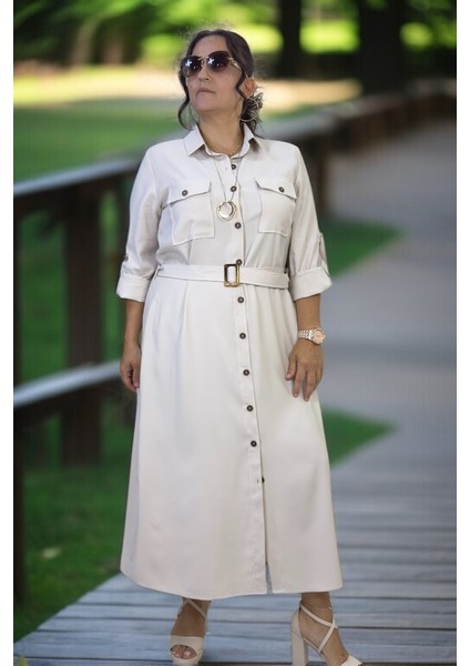 Boydan Düğmeli Kuşaklı Çift Göğüs Cepli Katlamalı Kol Detaylı Cupro Kumaş Büyük Beden Elbise