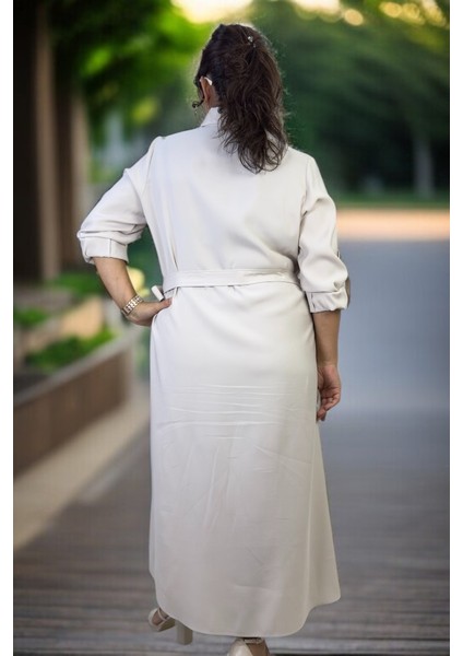 Boydan Düğmeli Kuşaklı Çift Göğüs Cepli Katlamalı Kol Detaylı Cupro Kumaş Büyük Beden Elbise fiyatları