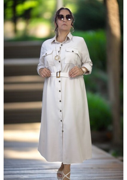 Boydan Düğmeli Kuşaklı Çift Göğüs Cepli Katlamalı Kol Detaylı Cupro Kumaş Büyük Beden Elbise fırsatları