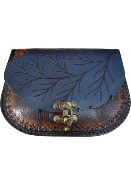 El Yapımı Hakiki Deri Yaprak Kapaklı Kadın Çapraz Çanta - El Kabartma Doğa Temalı Bohem Tarz Omuz Çantası