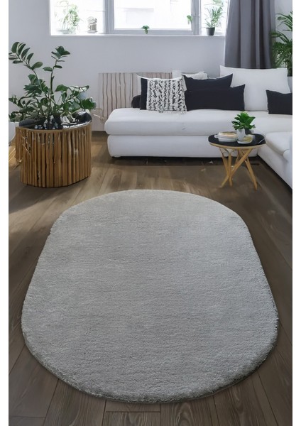 Gri Oval Post Peluş Halı – Ultra Yumuşak, Kaymaz Dot Taban, Antibakteriyel – Makinada Yıkanabilir Yolluk Halısı