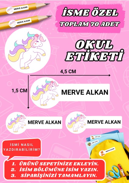 Unicorn Temalı Okul Etiketi Defter Kalem Kitap Sticker Etiket (4,5x1,5 Cm) 70 Adet -07-
