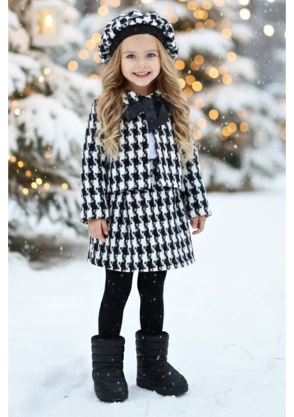 Kız Çocuk Santa Siyah Beyaz Ekose Alt Üst Etek Ceket Kepli Üçlü Takım TKM-0171.05