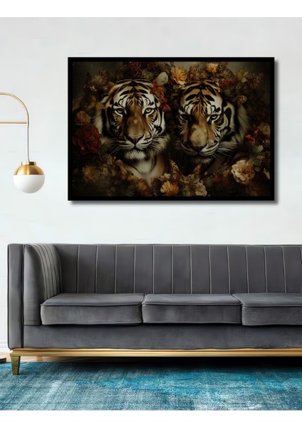 Çerçeve Görünümlü Kaplan Çiçek Bahçesi Ahşap Mdf Dekoratif Ev Duvar Tablo Dikdörtgen Ev Duvar Tablo